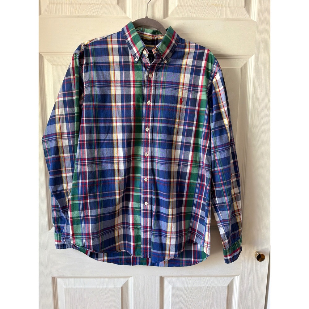 Polo Ralph Lauren Button Down Men Large Blue Multi Plaid Custom Fit Preppy